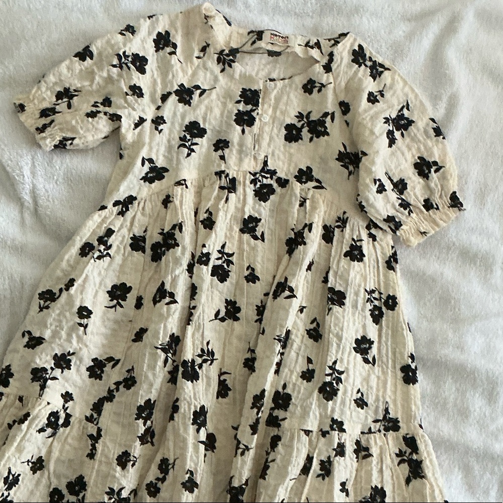 Floral Cream and Black Kids Dress, 7-8 Y